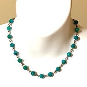 Genuine Teal Chrysocolla Short Necklace, Gemstone Bronze Link Layering Necklace